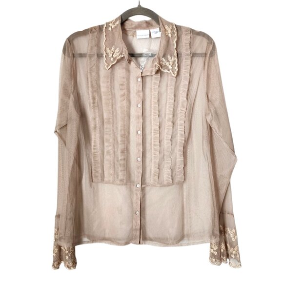 NEWPORT NEWS VINTAGE 90s Sheer Mesh button front shirt in latte floral NWOT 14 - Picture 2 of 8